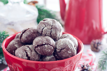 Chocolate cookies with cracks in the red bowl, horizontal