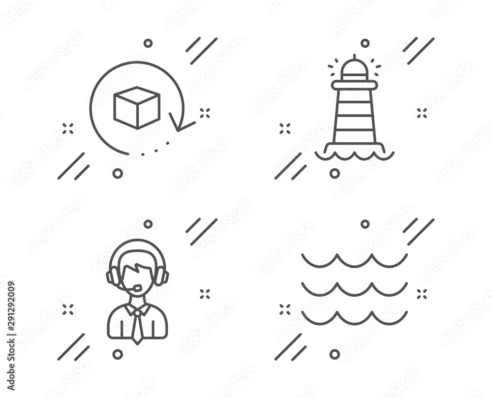 Poster shipping support, return package and lighthouse line icons set. waves sign. delivery manager, exchan