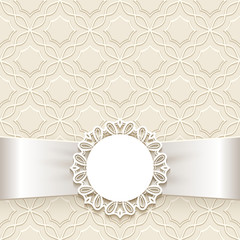 Vintage ornamental frame with round lace label and silk ribbon, wedding invitation or save the date card template, elegant background for gift box or perfume packaging design with place for text.