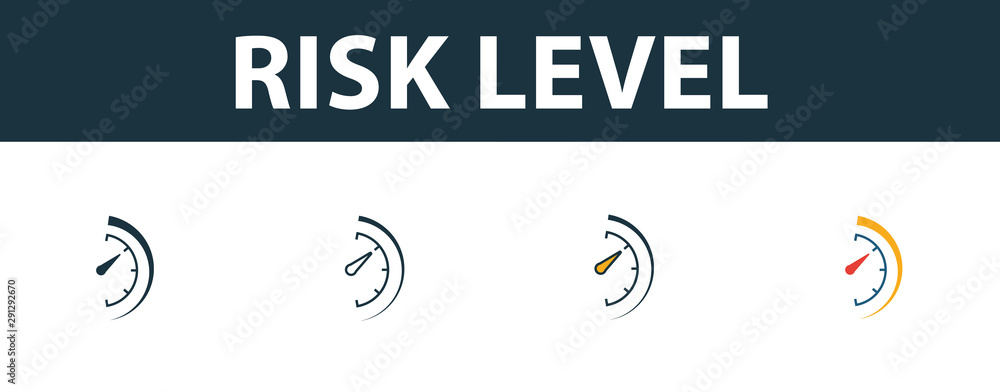 Poster risk level icon set. four simple symbols in diferent styles from risk management icons collection. c