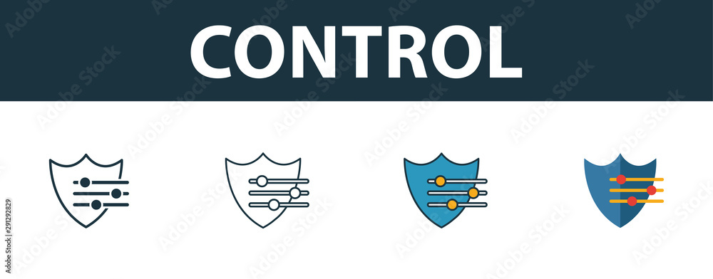 Poster control icon set. four simple symbols in diferent styles from risk management icons collection. crea
