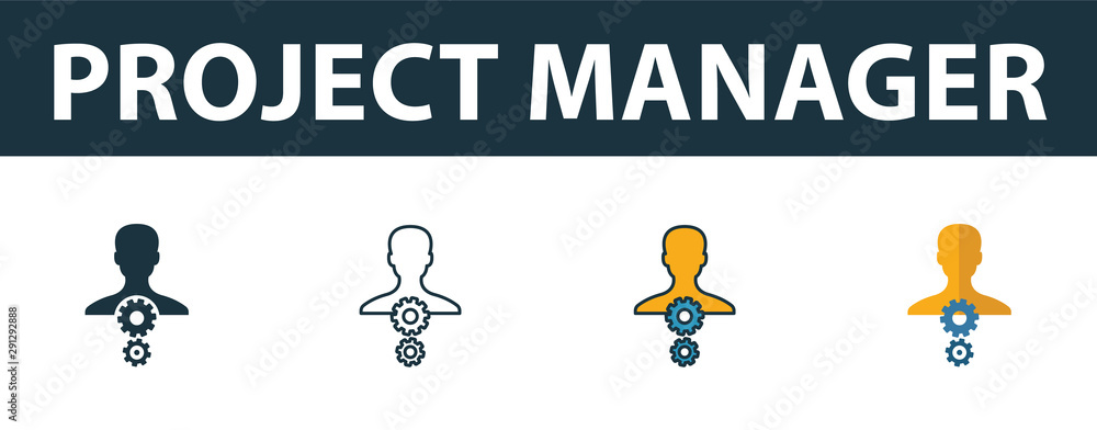Poster project manager icon set. four simple symbols in diferent styles from risk management icons collecti