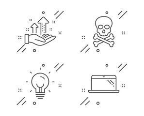 Energy, Chemical hazard and Analysis graph line icons set. Laptop sign. Lightbulb, Toxic death, Targeting chart. Computer. Science set. Line energy outline icon. Vector