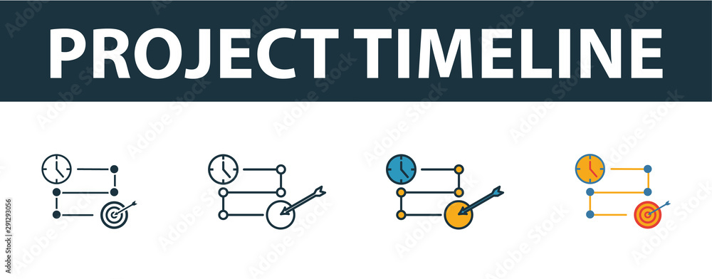 Poster project timeline icon set. four simple symbols in diferent styles from risk management icons collect