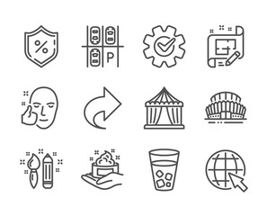 Set of Business icons, such as Healthy face, Cogwheel, Creativity, Circus tent, Internet, Share, Skin care, Loan percent, Architect plan, Sports stadium, Ice tea, Parking place line icons. Vector