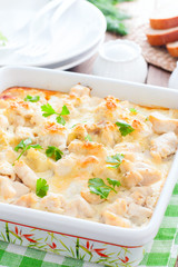 Cauliflower and chicken fillet casserole, selective focus