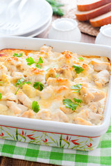 Cauliflower and chicken fillet casserole, selective focus