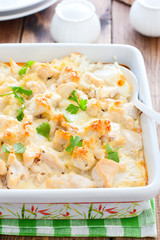 Cauliflower and chicken fillet casserole, selective focus