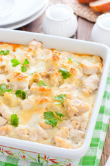 Cauliflower and chicken fillet casserole, selective focus