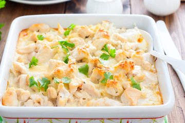 Ceramic cabbage and chicken fillet casserole, horizontal