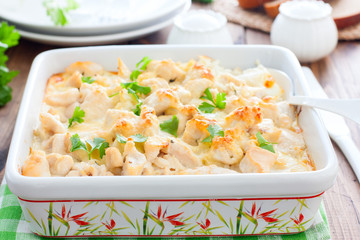 Ceramic cabbage and chicken fillet casserole, horizontal