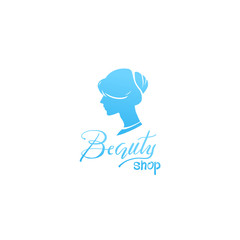 Logo with woman profile for beauty shop, female head, style haircut