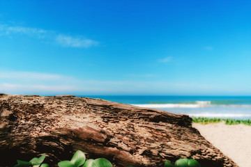 Blur tropical beach with bokeh sun light wave on empty old nature wood table abstract background.