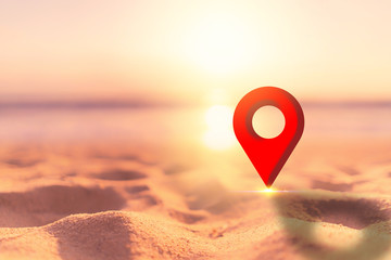 Blur tropical sand beach and sunset sky and cloud background with navigator gps location. Copy space of summer vacation and holiday travel freedom concept.