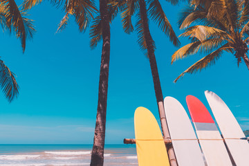 Surfboard and palm tree on beach background.