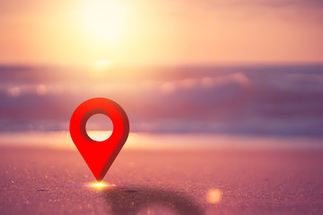 Blur tropical sand beach and sunset sky and cloud background with navigator gps location. Copy...