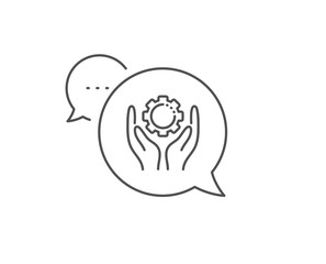 Employee hands line icon. Chat bubble design. Work gear sign. Development cogwheel symbol. Outline concept. Thin line employee hand icon. Vector