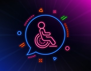 Disability line icon. Neon laser lights. Disabled person sign. Hotel service symbol. Glow laser speech bubble. Neon lights chat bubble. Banner badge with disability icon. Vector