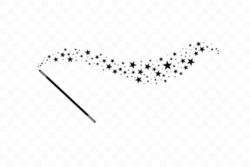 Magic wand with a stars. Trace of black dust. Magic abstract background isolated on on transparent background. Miracle and magic. Vector illustration flat design. - obrazy, fototapety, plakaty