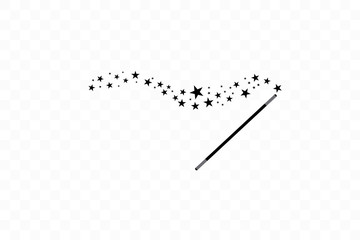 Magic wand with a stars. Trace of black dust. Magic abstract background isolated on on transparent background. Miracle and magic. Vector illustration flat design.