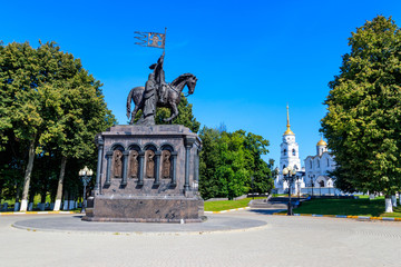 Monument to founder of Vladimir city Prince Vladimir the Red Sun and sanctifier Feodor on the viewing platform with views of Assumption Cathedral in Vladimir, Russia