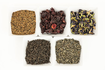 Dry tea black, green, hibiscus, masala tea, blue tea, butterfly peas. Top view