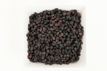 Dried Blueberries In A White Bowl. Top view