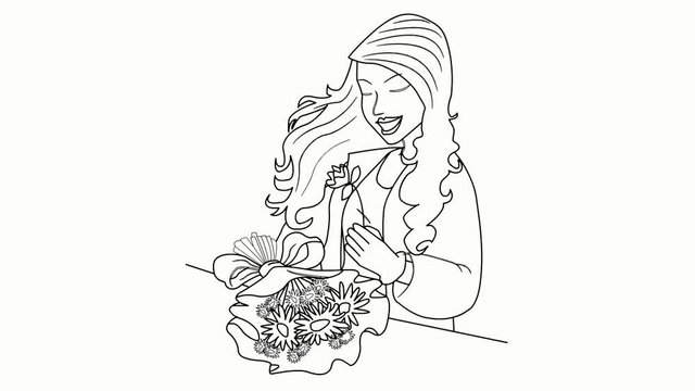 Beautiful Girl with Flowers hand drawn illustration animation sketch transparent background