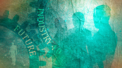 Silhouettes of business people. Toned image double exposure. Industry 4.0 concept