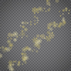 Isolated snowflakes on transparent grey background. Gold glitter snow. Winter sales, Christmas and New Year design for party invitation, banner, sale. Winter window. Magic crystal isolated snowflakes.