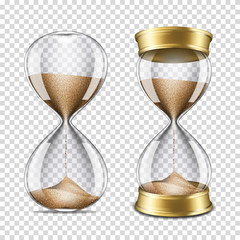 Set of realistic transparent hourglass, isolated on transparent background.