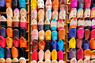 Leather moroccan slippers. Souvenirs for sale on the street in a shop in Morocco