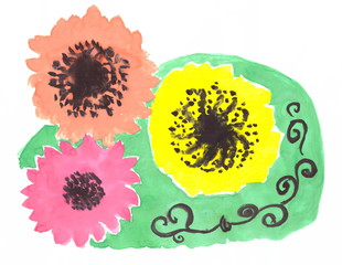 Drawing with watercolors: Abstraction. Three colorful flowers.