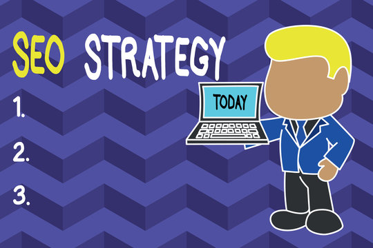 Word writing text Seo Strategy. Business photo showcasing Techniques and tactics to increase the visitors of a website Standing professional businessman holding open laptop right hand side