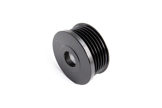 Pulley for alternator with 5 grooves on isolated white background. Automotive electrical parts.