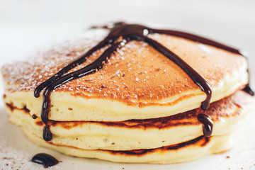 Dessert recipe. Traditional american crepe. Homemade pancakes with chocolate topping.