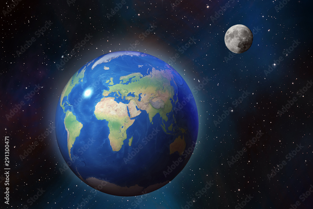 Sticker earth and moon - in outer space, cosmic background
