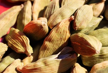 Macro close up of isolated pile with processed green cardamom pods