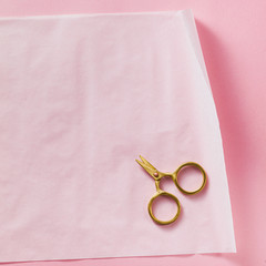 paper and gold scissors on a pink background. empty blank frame for background. shot from above. copy space