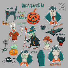 Cute vector Halloween patches and stickers collection. Witch, zombies scary dead man, black cat, vampire Dracula, magic potion, spiders, bat, coffin, mushroom, pumpkin, hand written tag lines.