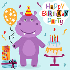 Happy Birthday poster with hippopotamus - vector illustration, eps