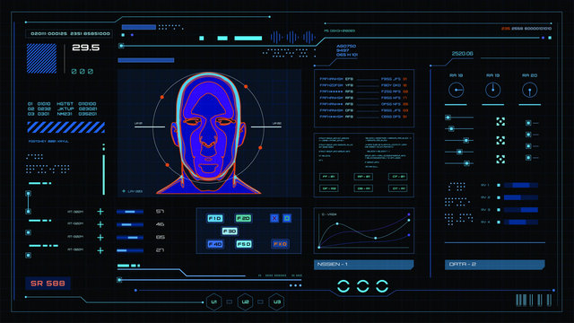 Vector illustration of Futuristic user interface information technology virtual biomedical holographic human head scan diagnostic with data for background computer desktop screen.