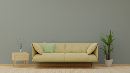 Interior design ,modern sofa and wooden cabinet in empty room , marble floor , 3d render - Illustration