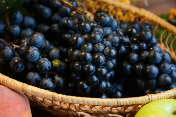  Bunches of blue grapes in a wicker plate next to fruit