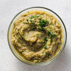 baba ganoush. healthy vegan food for celebration or party . shot from above. copy space