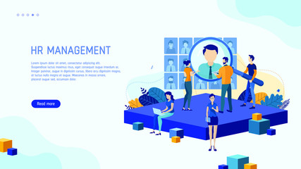 Trendy flat illustration. HR management page concept. Businessmen are looking for an employee. Open vacancy.  Discussion of the applicant. Interview. Human resources.Template for your design works.