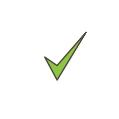 Check Mark. Valid Seal icon. Green sharp tick with outline. Flat OK sticker icon. Isolated on white.