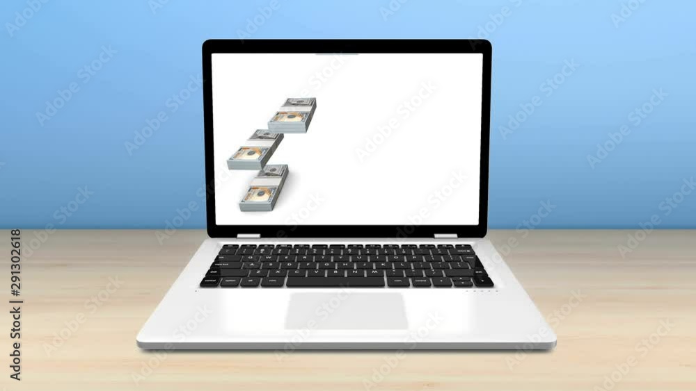 Poster modern laptop with dollar bar graph grow chart business concept. 3d animation available on a colored