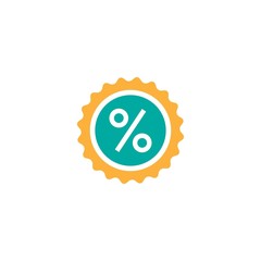Percent icon in orange and blue circle with ribbon outline isolated on white.