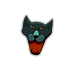 Cute Halloween character sticker. Vector illustration of evil black cat.